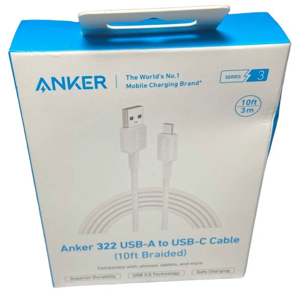Anker 322 USB-A to USB-C Cable 10ft Braided White Fast Charging New Sealed - Picture 3 of 9